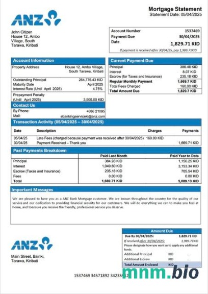Kiribati Bank ANZ wyciąg z kredytu hipotecznego szablon Word i PDF